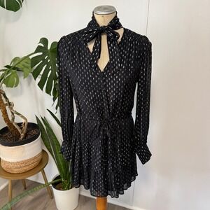 Paige Mini Dress XS Black Silver Metallic Tie Neck Long Sleeve Ruffle Boho